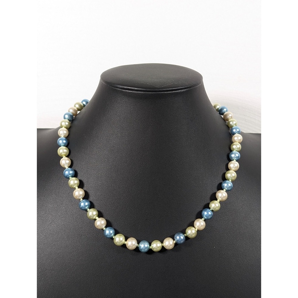Vintage Champagne Blue Green Pearl Beaded Necklace 18"‎